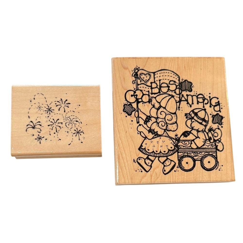 2 Vintage Patriotic Wood mounted Rubber Stamps Best Coast American Fireworks